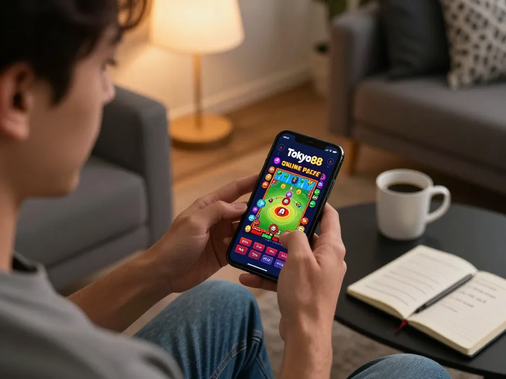 Pemain menikmati aplikasi kasino mobile tokyo88 di ruang tamu yang nyaman, fokus pada strategi menang.
