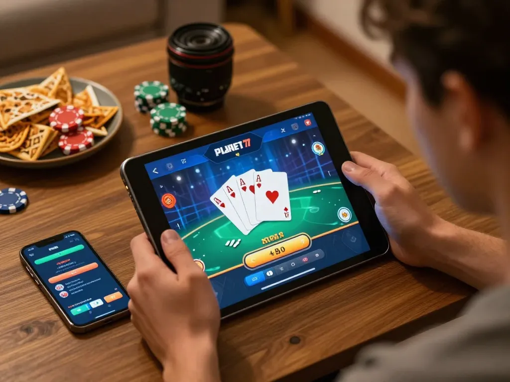 Pemain menggunakan aplikasi Planet 77 di tablet, menampilkan permainan poker dan strategi.