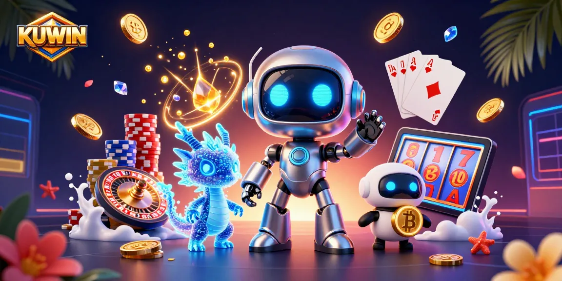 Experience exciting gaming action with KUWIN’s vibrant 3D casino illustration featuring neon robots and bitcoins.