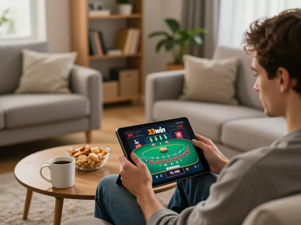 Player engaged in online blackjack on 33win tablet, cozy living room setting with snacks.