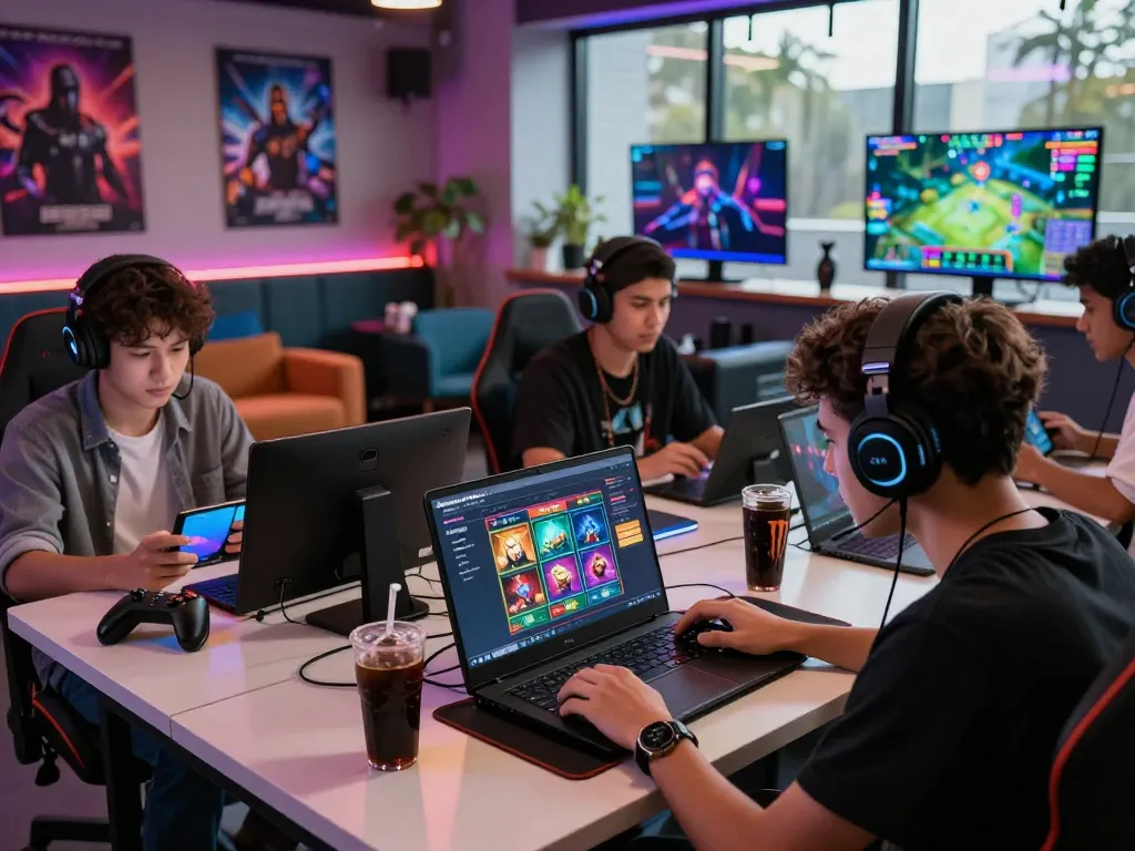 Suasana gaming danamax777 daftar yang menarik dengan pemain menikmati permainan slot online yang vibrant di lounge modern.