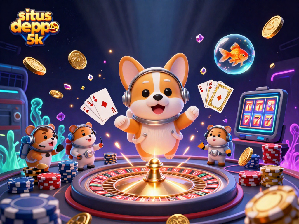Experience situs depo 5k with an astronaut corgi and a mission hamster in a vibrant casino scene.
