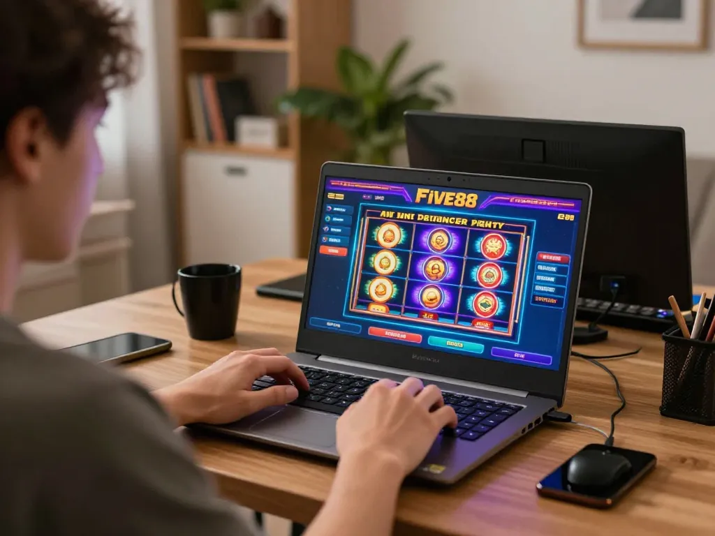 Engaging player immersed in five88 online casino gaming with colorful slot machine interface on laptop