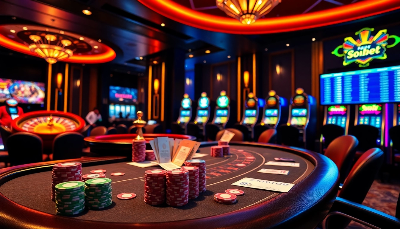 Sbobet link alternatif showcased in a vibrant online casino scene with poker chips and betting slips.