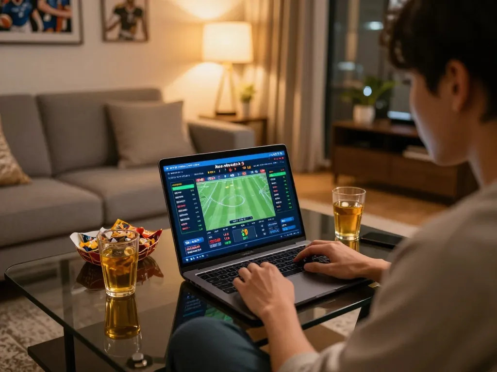 Engaged user navigating Keo nha cai 5 online betting site on laptop in cozy home setting.