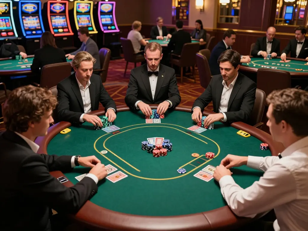 SC88 poker players strategizing at high-stakes table in luxurious casino ambiance