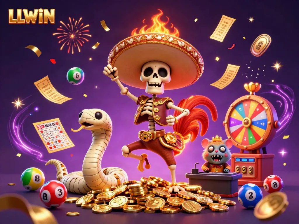 LLWIN celebration scene with vibrant characters and dynamic gambling elements in a festive casino atmosphere.