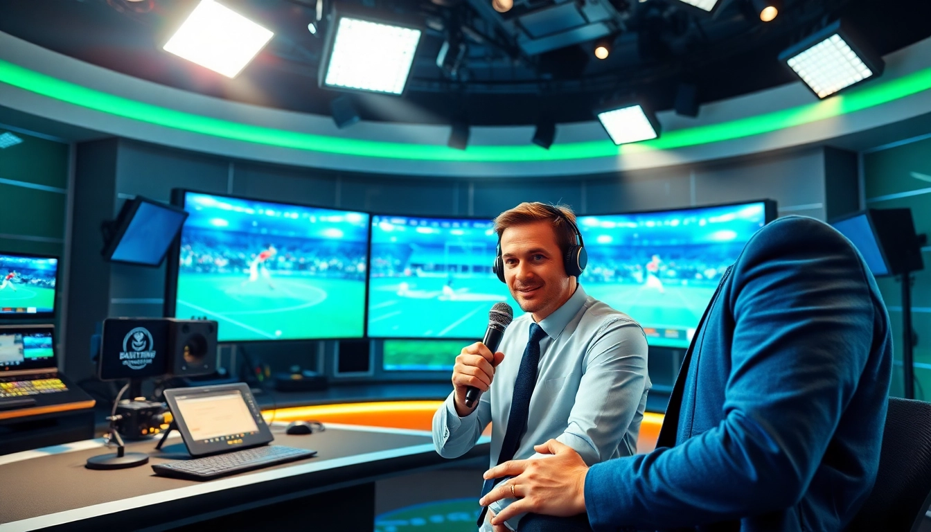 Presenter engaging in sports broadcasting in a dynamic studio, showcasing live sports events.