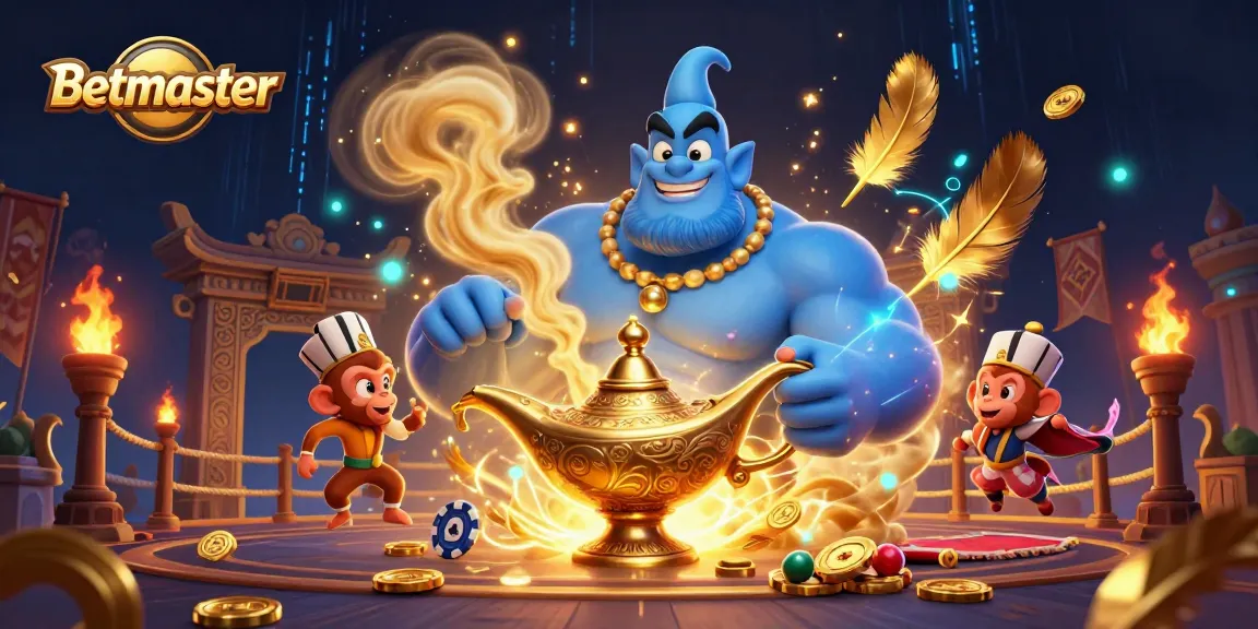 Engage in thrilling gameplay with Betmaster's vibrant casino scene featuring a genie and poker chips.