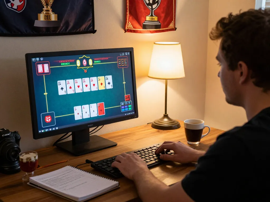 Online gambling session on Hoorayblog featuring a player strategizing in a cozy setting