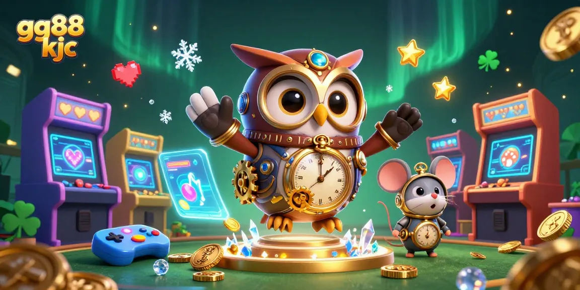 Engage with gg88 kjc in a vivid 3D illustration showcasing a lively casino scene featuring a steampunk owl and arcade elements.