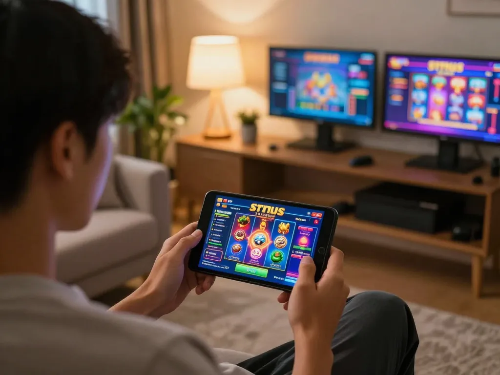 Permainan situs slot online yang sedang berlangsung di perangkat mobile dalam suasana rumah yang nyaman.