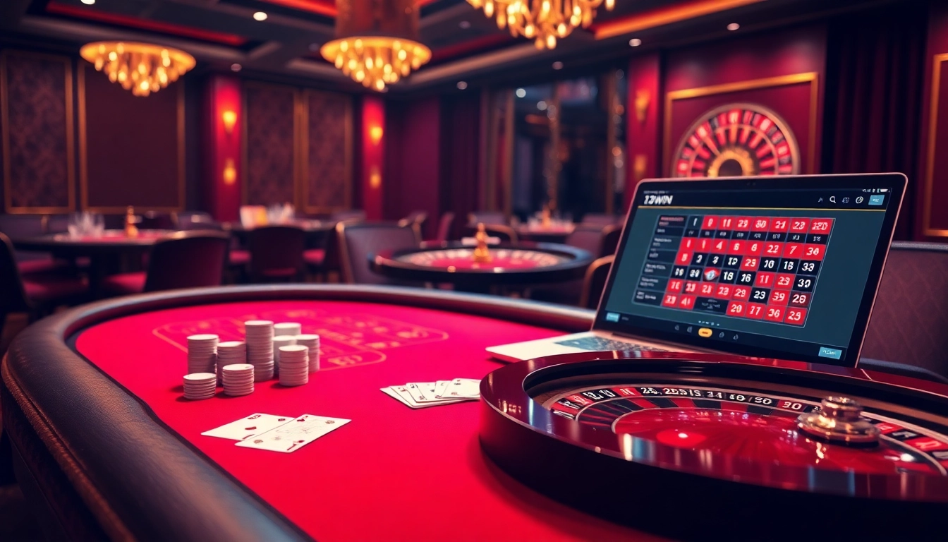 Exciting scene with luxurious poker table and roulette wheel at 13win nhà cái online gaming.