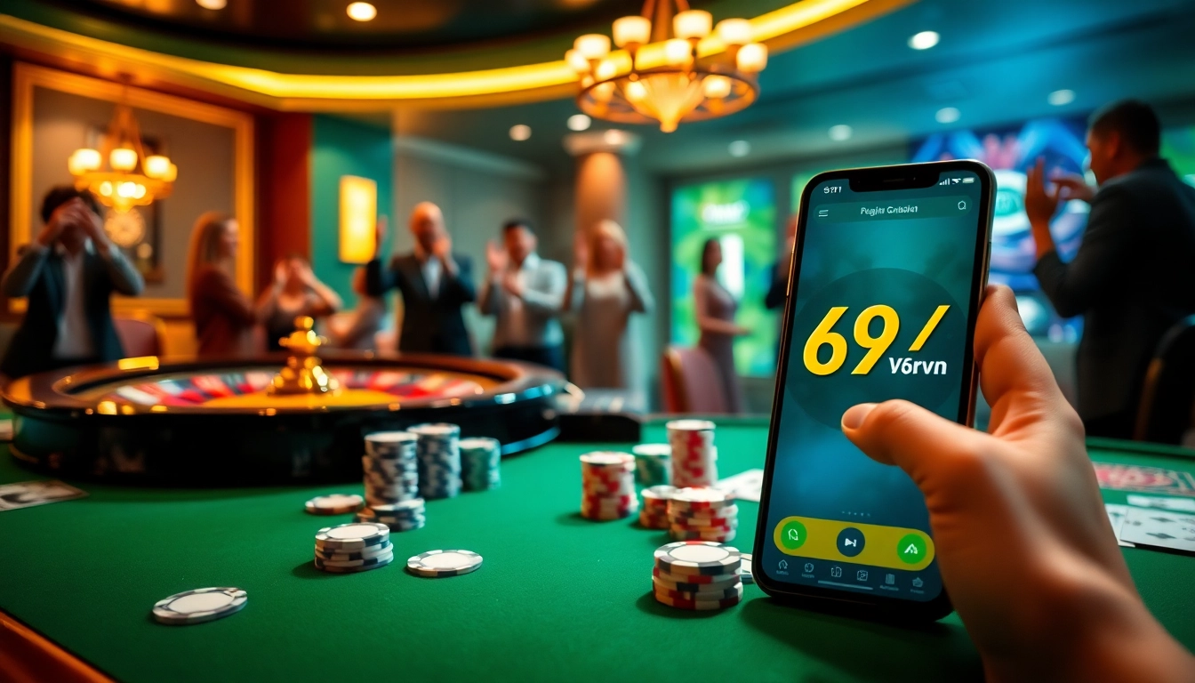 Gamblers enjoying a thrilling game at 69VN's luxurious casino table with cards and chips.