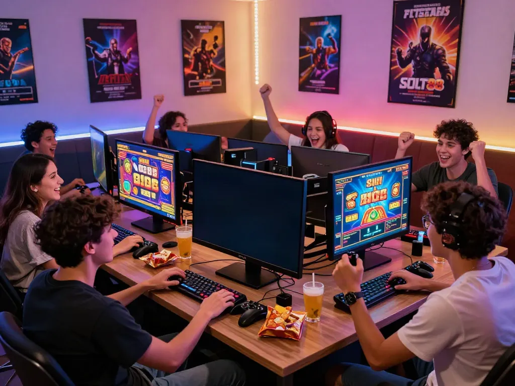 A group of friends joyfully engaging in online gaming with akunjp on a large screen.