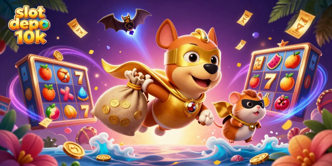 Experience thrilling wins playing slot depo 10k with colorful slots and cartoon heroes in a dynamic digital illustration.