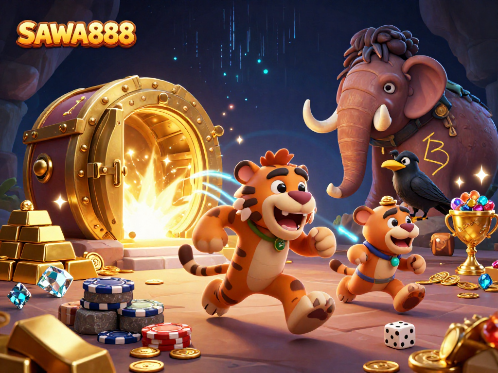 Experience thrilling slots at SAWA888 with engaging 3D cartoon characters in a vibrant casino.