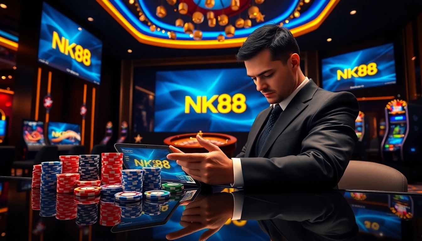 Strategic NK88 gambler placing bets amid vibrant poker chips and roulette wheel highlights excitement