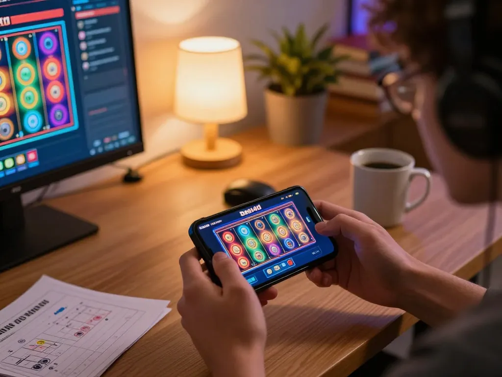 Berpartisipasi dalam slot dasi4d di smartphone dalam pengaturan rumah yang nyaman, menyoroti permainan yang bertanggung jawab.