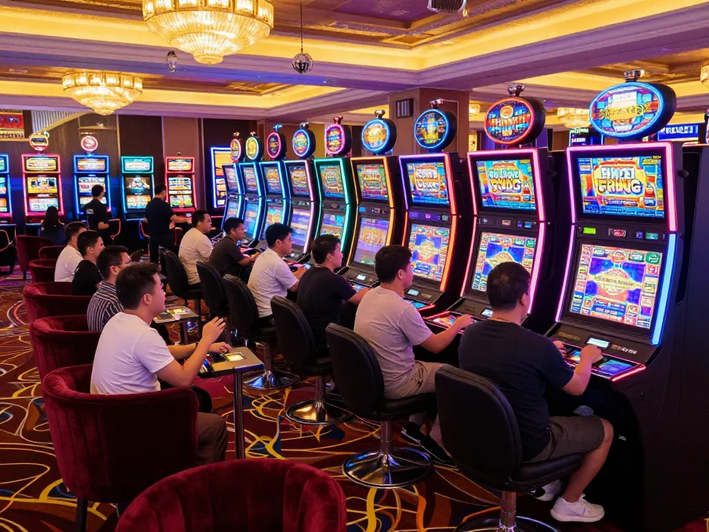 Engaged players enjoying vibrant slot machines at a trang casino in Nha Trang, illuminated by neon lights.
