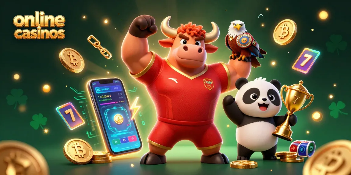 Experience online casinos with a victorious bull mascot and cheerful characters celebrating gaming wins.