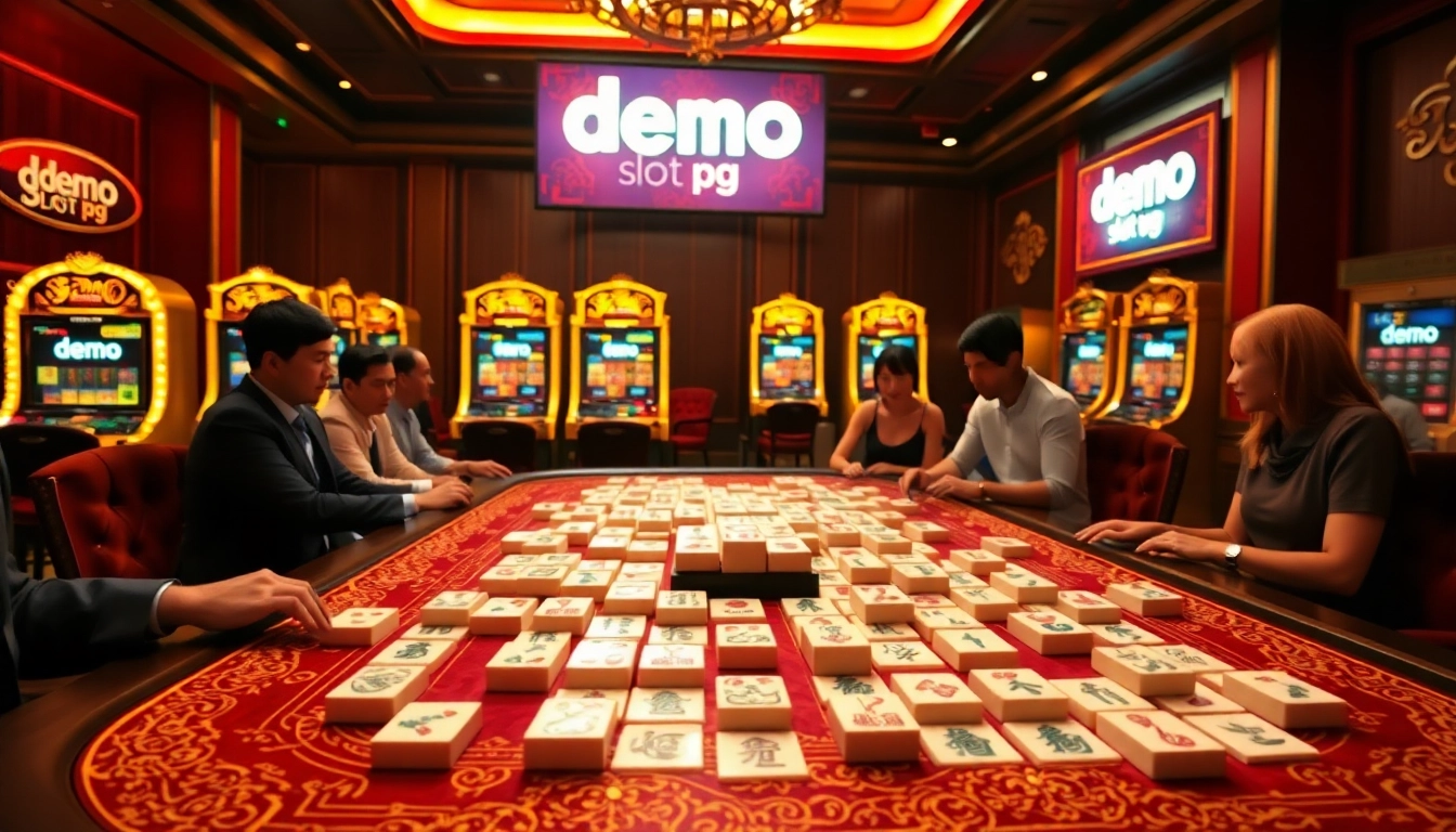 Engaging scene of players at a mahjong table featuring demo slot pg excitement with luxury details.