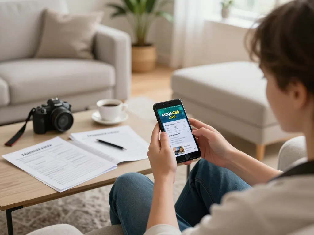 Mega888 APK app displayed on smartphone in a cozy home gaming setup, person strategizing bets.