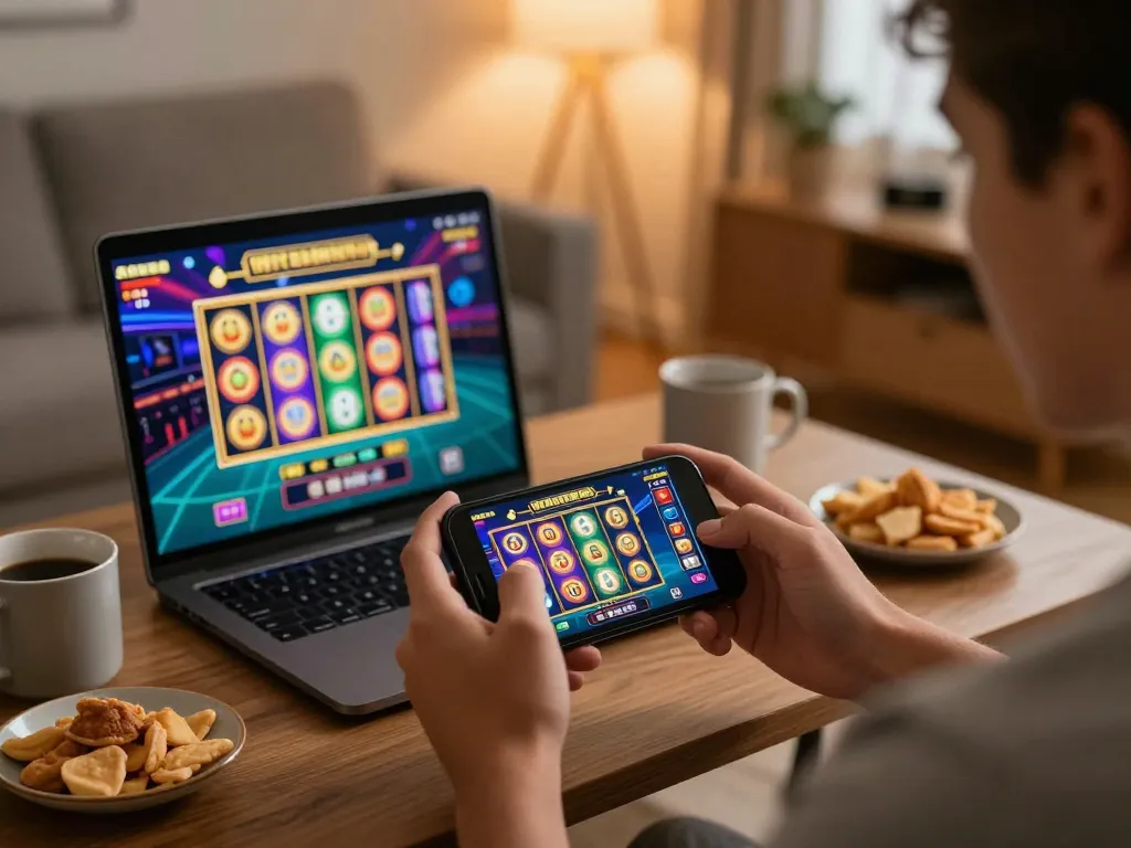 Engaging with a gacor slot game on a smartphone, showcasing a cozy home gaming environment.