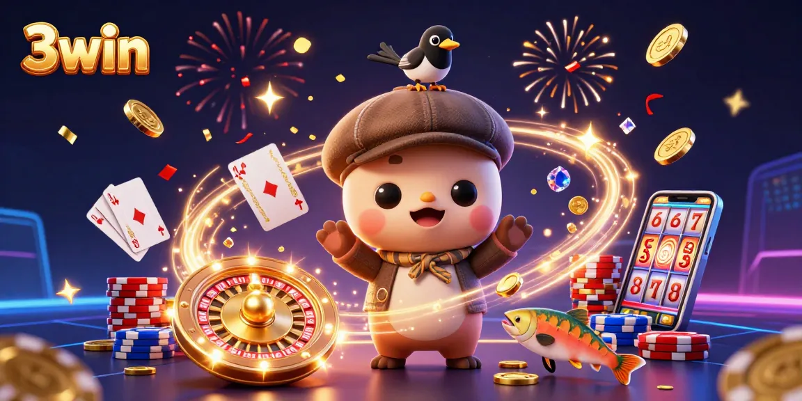 Engage with 3win's thrilling gaming experience amidst cascading coins and vibrant characters.