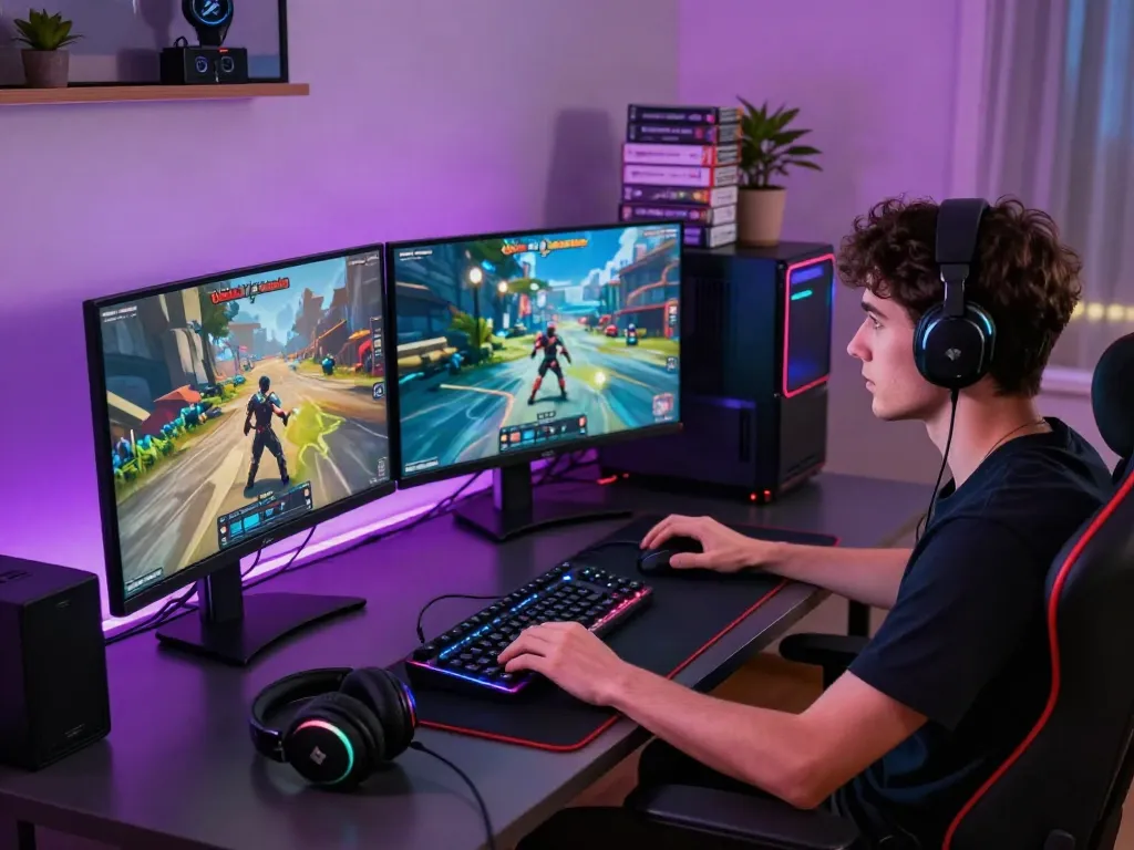 Gamer immersed in the A80 online gaming platform, colorful lighting creating an engaging atmosphere.