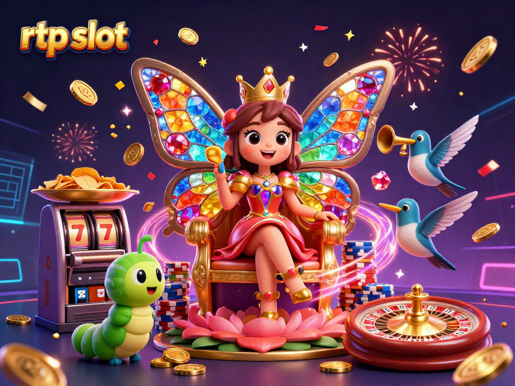Experience rtp slot excitement with a colorful queen character surrounded by casino elements and coins.