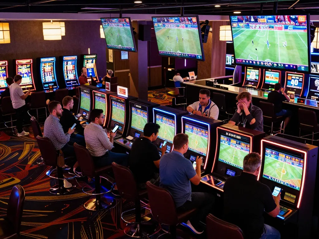 Exciting sports betting interactions at mm88.green casino floor with live screens and enthusiastic patrons.