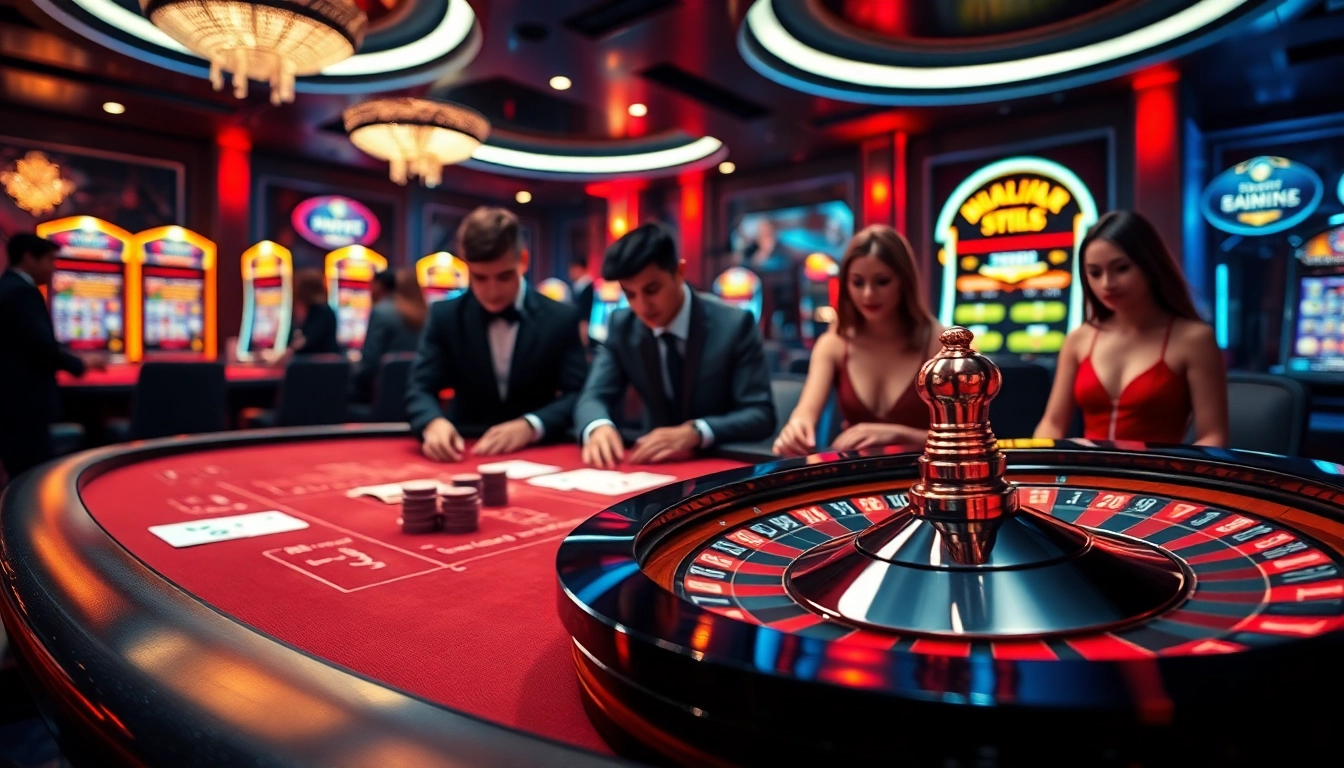 Players enjoying a strategic game at an MMOO casino table with poker chips and cards at an upscale venue.