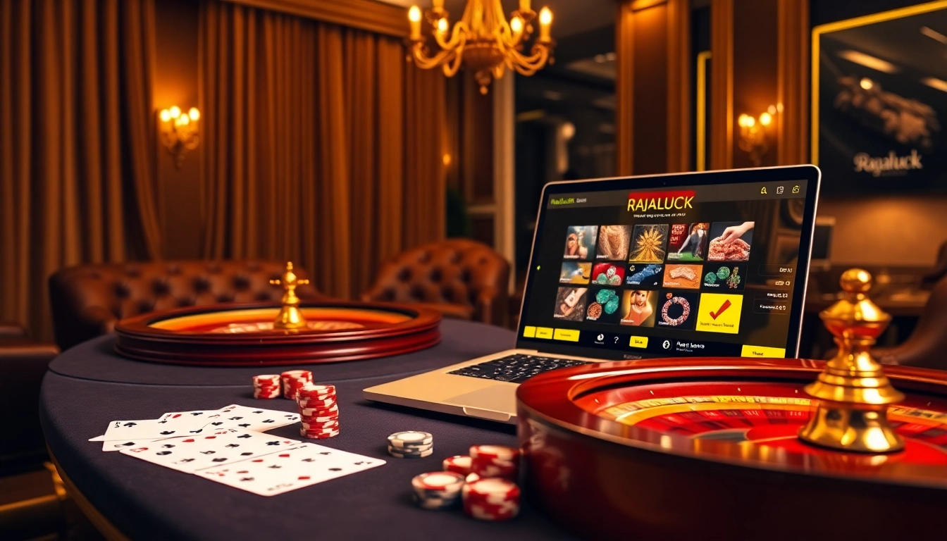 Rajaluck offers an exciting online gambling experience featuring poker chips and casino tables.