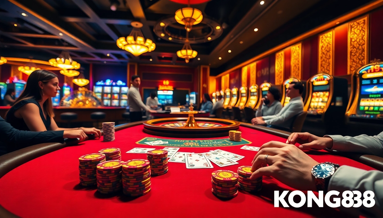KONG88 poker players strategizing at a glamorous casino table with colorful chips and vibrant lights.