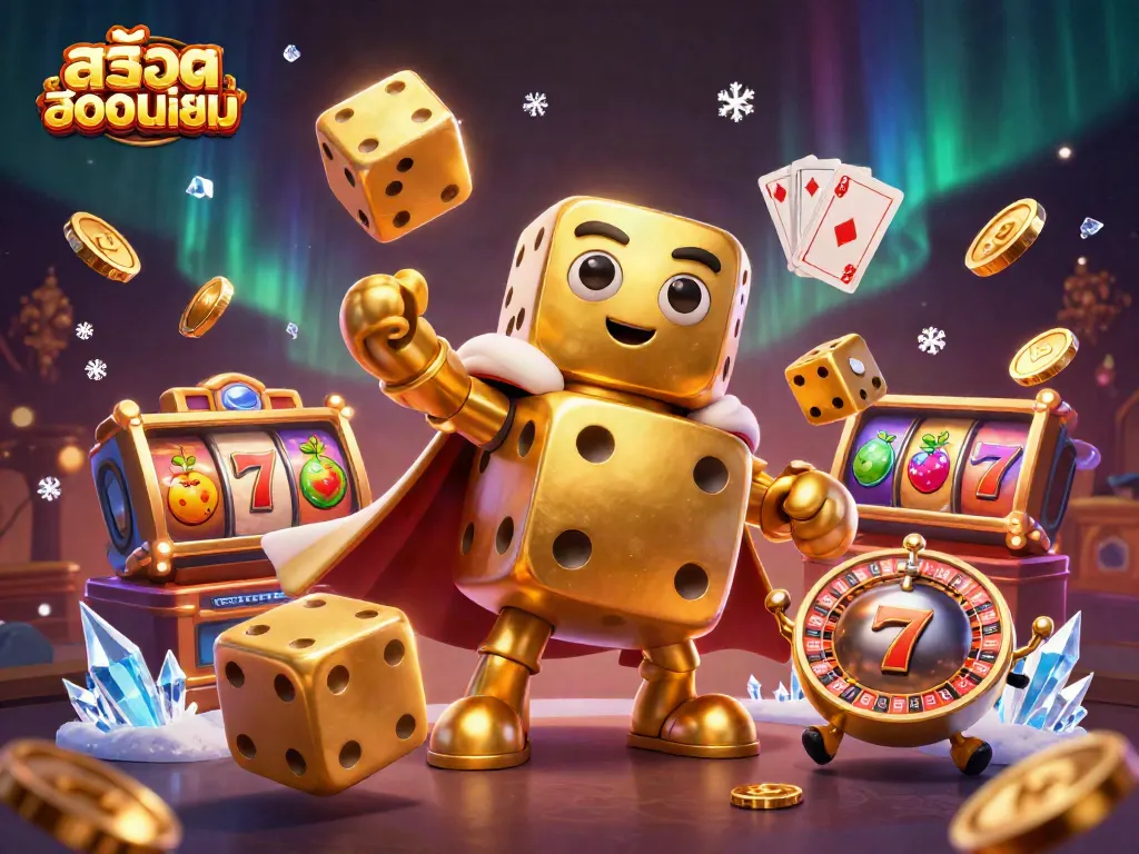 Engage with the vibrant world of สล็อตยอดนิยม showcasing golden dice characters, slot elements, and swirling coins.