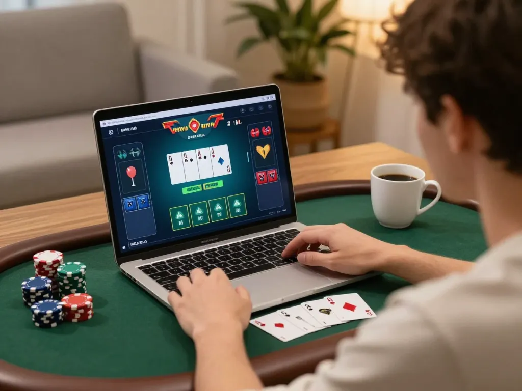 Engaging poker gameplay on a laptop at home showcasing god55vn, delivering a thrilling online casino experience.