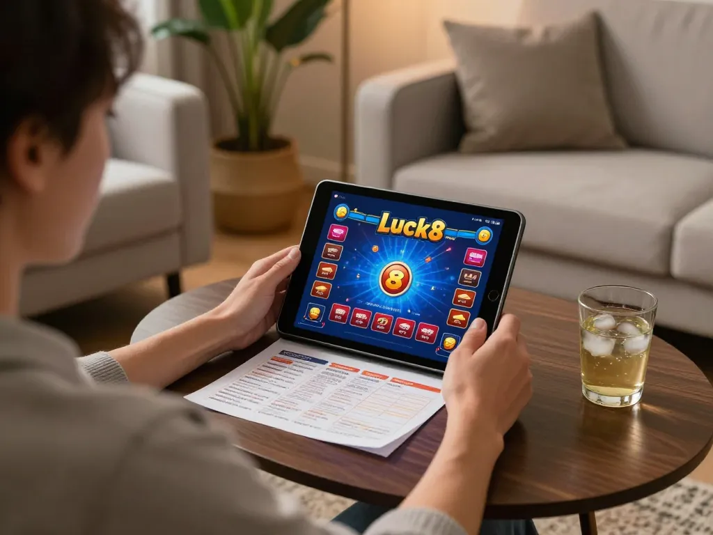 Engaging in Luck8 games while relaxing on a sofa, showcasing online gambling strategy.