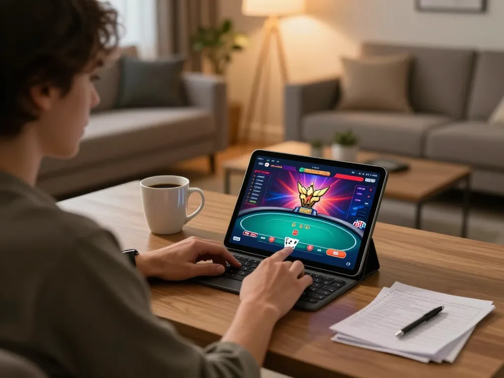 Player accessing the mm88 link on a tablet for online casino gaming in a cozy setup.