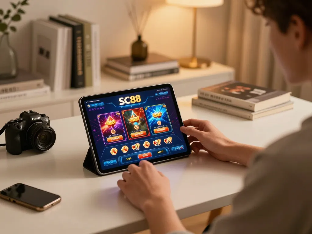 Engaging SC88 gameplay experience on a tablet in a cozy home setting, emphasizing strategic online gaming.