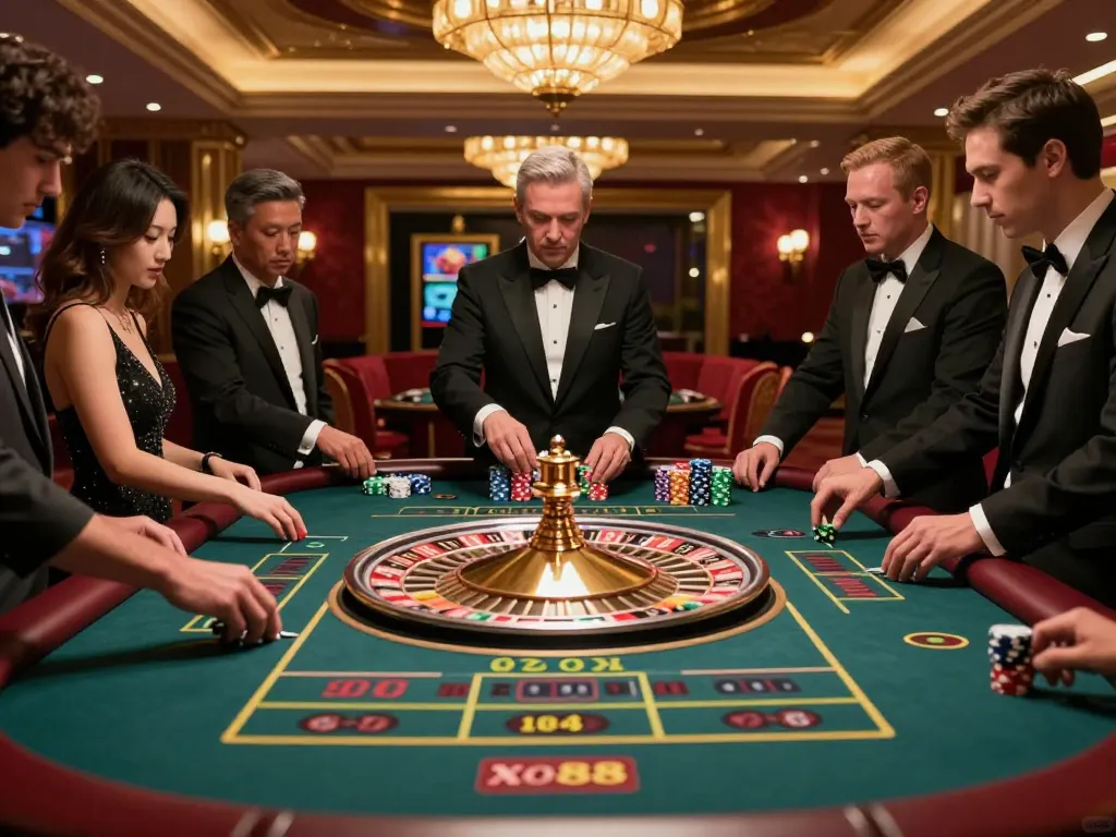 Experience thrilling gameplay at xo88 with players betting on a vibrant roulette table in a luxurious casino atmosphere.