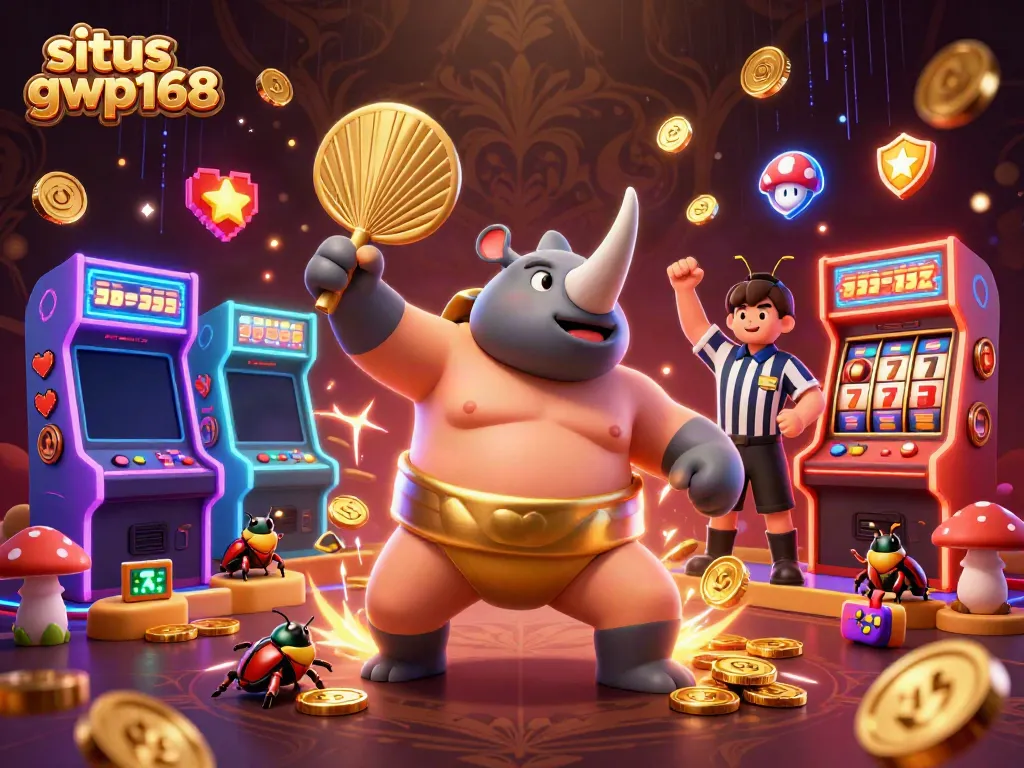 Gambar situs gwp168 dengan karakter juara kejuaraan sapi rhinoceros kartun dan mesin permainan berwarna cerah.
