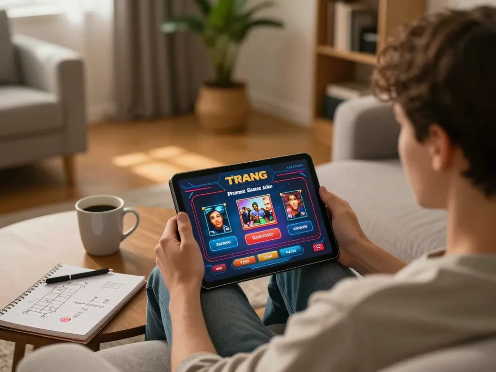 Engaging with a trang casino interface on a tablet while enjoying a cozy home environment.