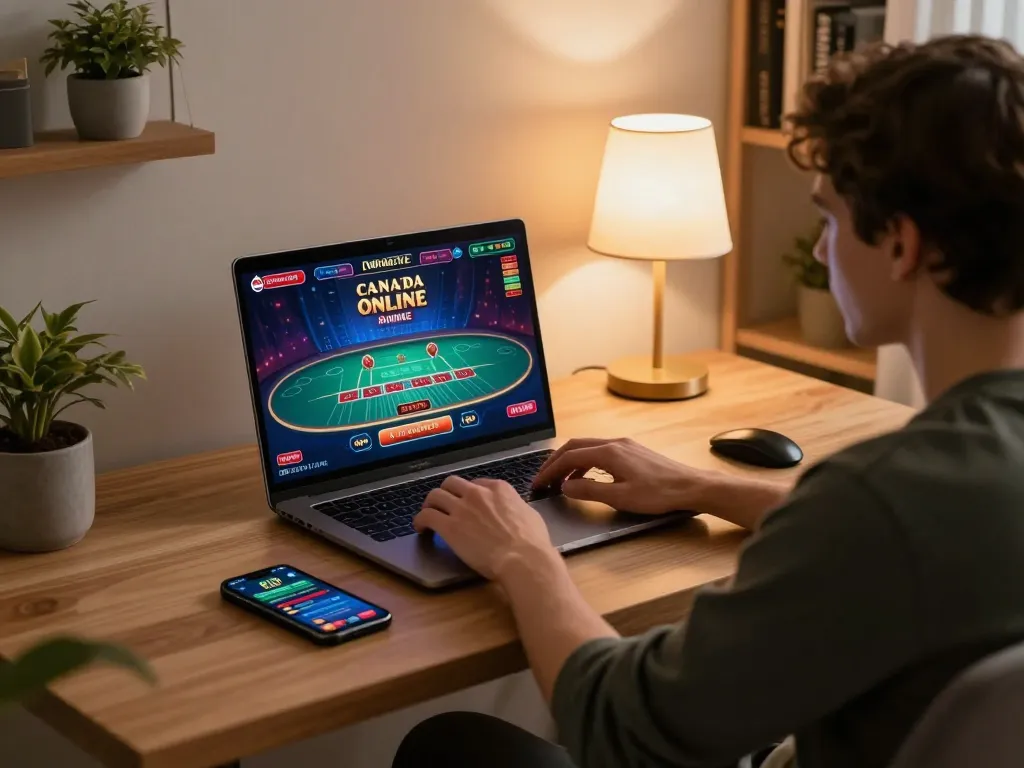 Engaging gameplay at Canada online casinos with a person focused on a live dealer game on a laptop.