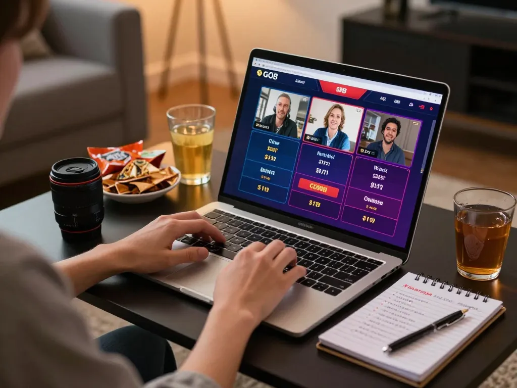 Person engaging with the GO8 online casino on a laptop, surrounded by snacks, in a cozy home setup