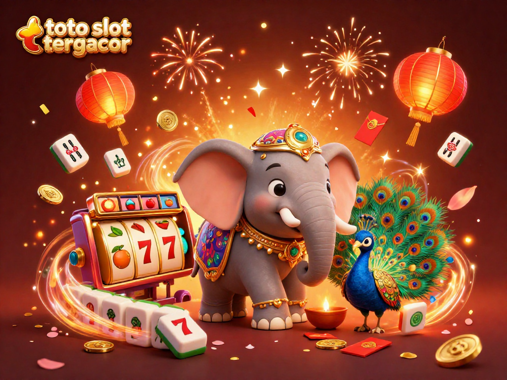 Spin and win big on toto slot tergacor with vibrant 3D scene full of lucky symbols and festive atmosphere.