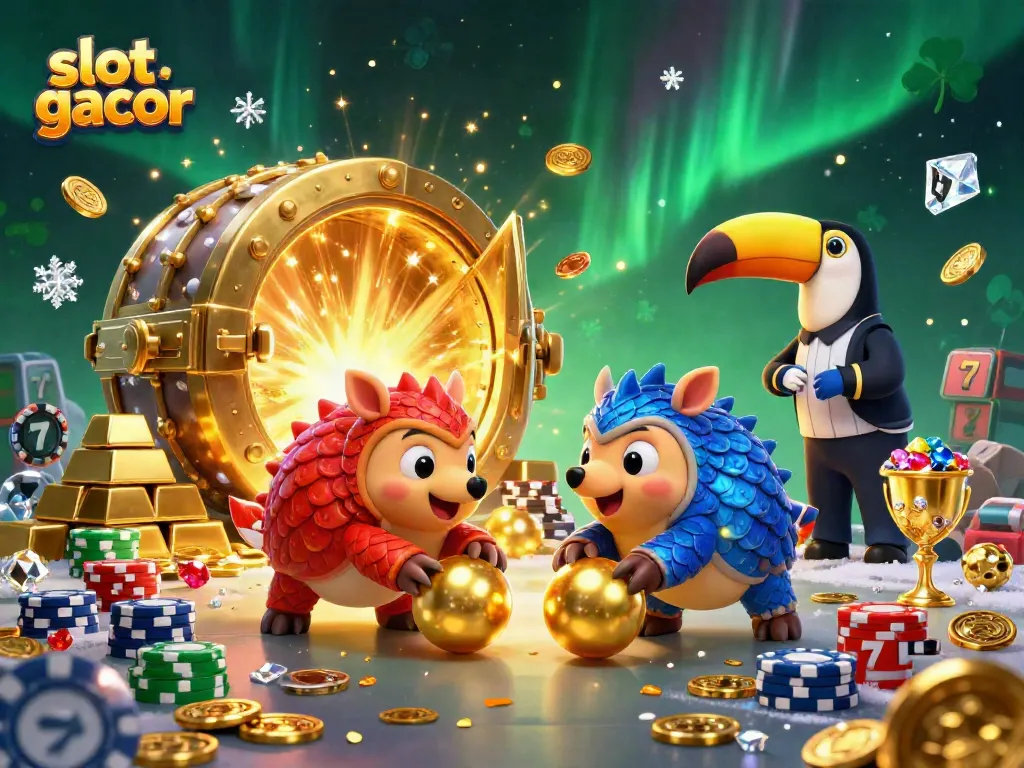 Gambar slot gacor menampilkan pangolin rival yang bermain bola emas dan menggulung tumpukan chip poker.