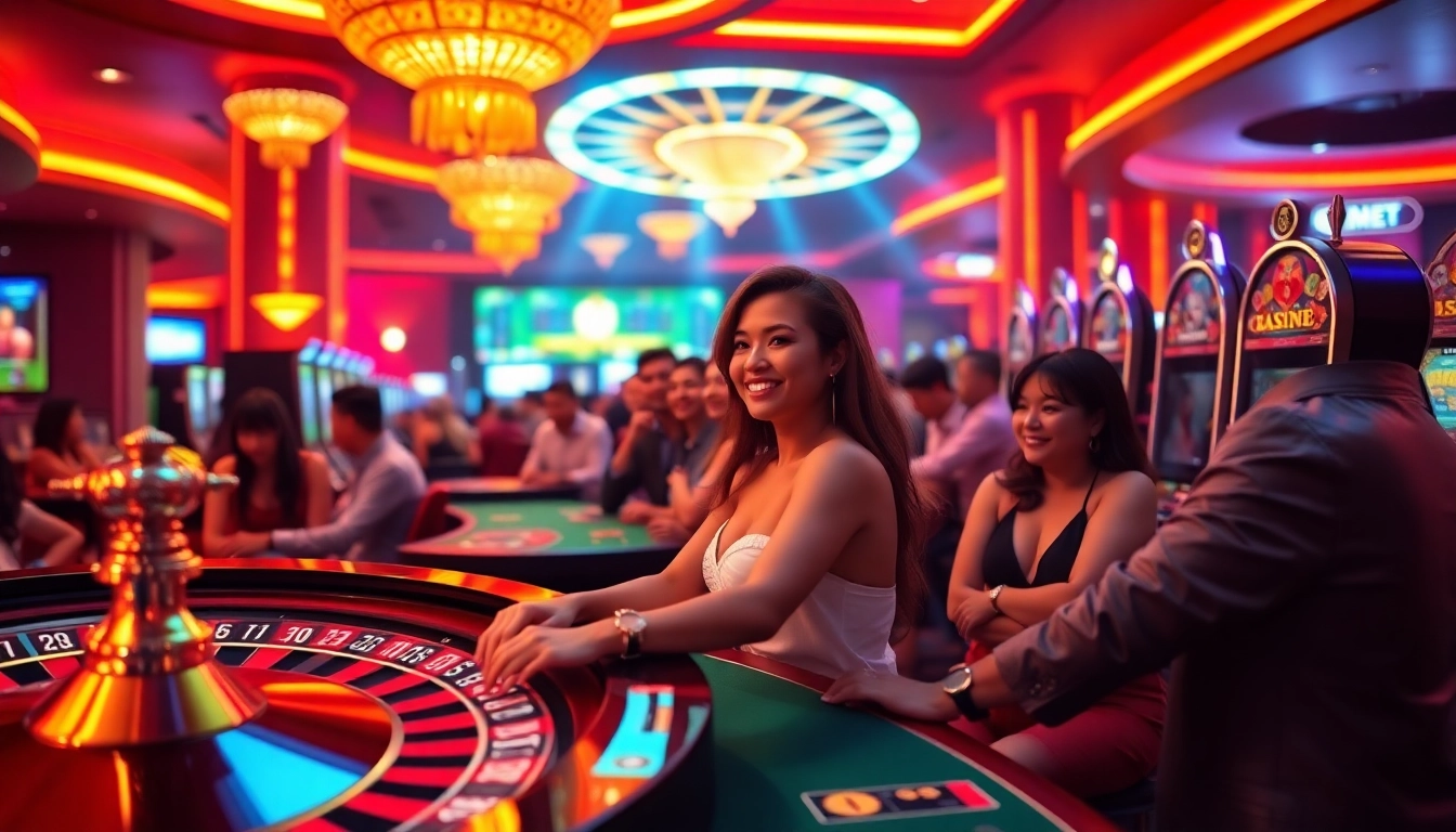 F8BET players engaging at casino tables with chips and neon lights.