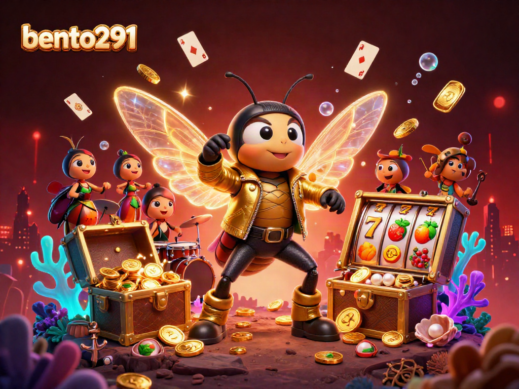 Bento291 attracts players with a 3D casino scene showcasing vibrant slot reels and exciting gold coins from underwater treasures.