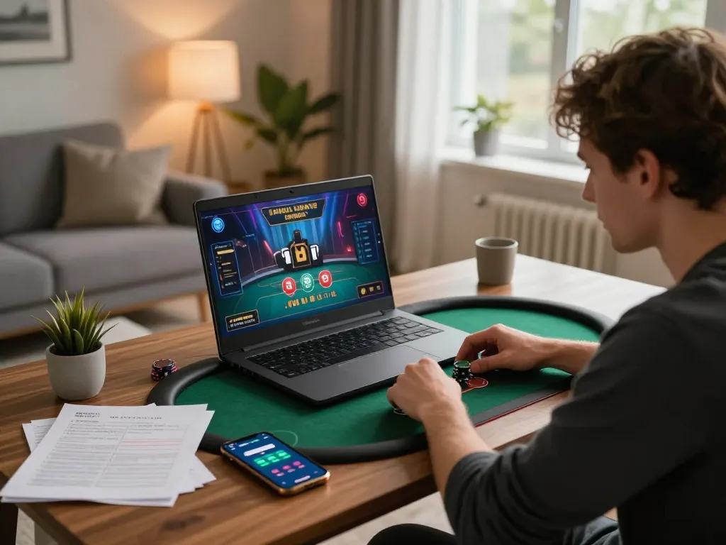 Player analyzing poker hands at home while using 388bet online gaming platform.